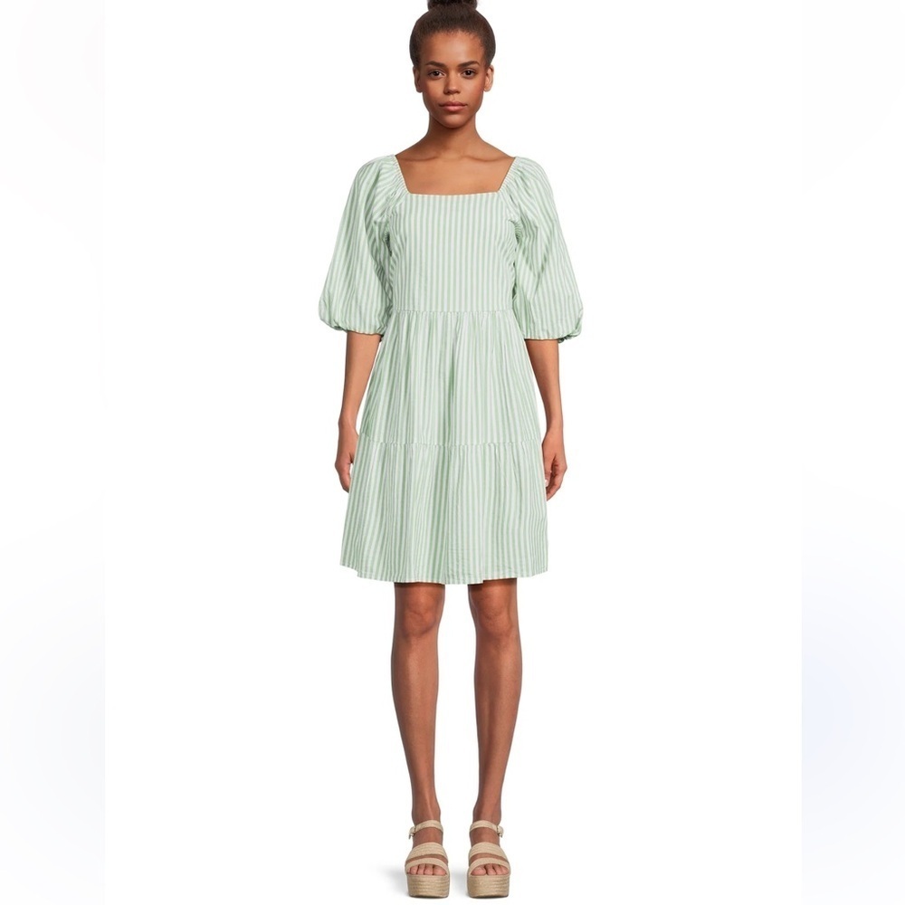 Beachlunchlounge Green Striped puff sleeve mini dress size S